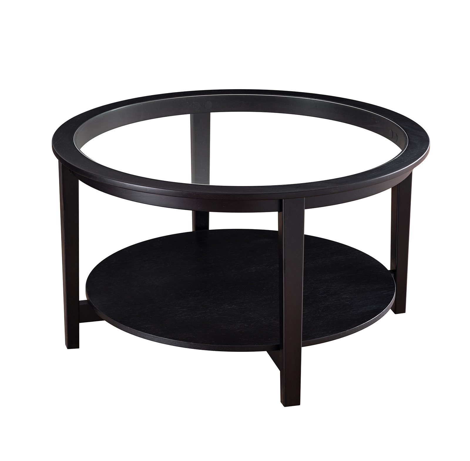 Latitude Run® Round Glass Top Solid Wood Storage Coffee Table, Black ...