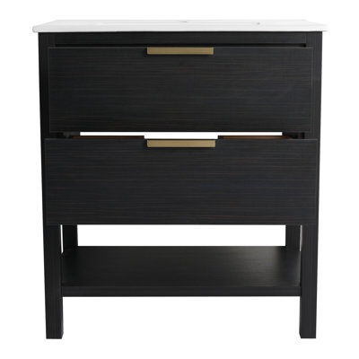 Armoire de salle de bain en contreplaqué 30 po autoportante avec tablette de meuble-lavabo châtaignier noir 2 tiroirs