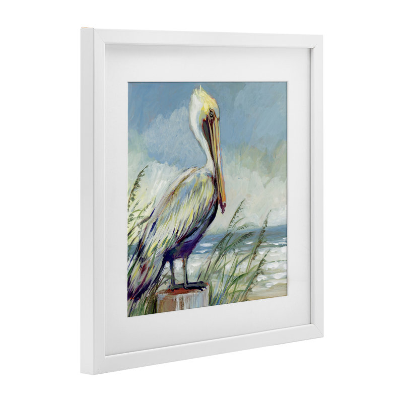 «Coastal Pelican Perch», reproduction sous verre encadrée, conception de Susan Winget, H 16 po x l 16 po, Cadre blanc côtier