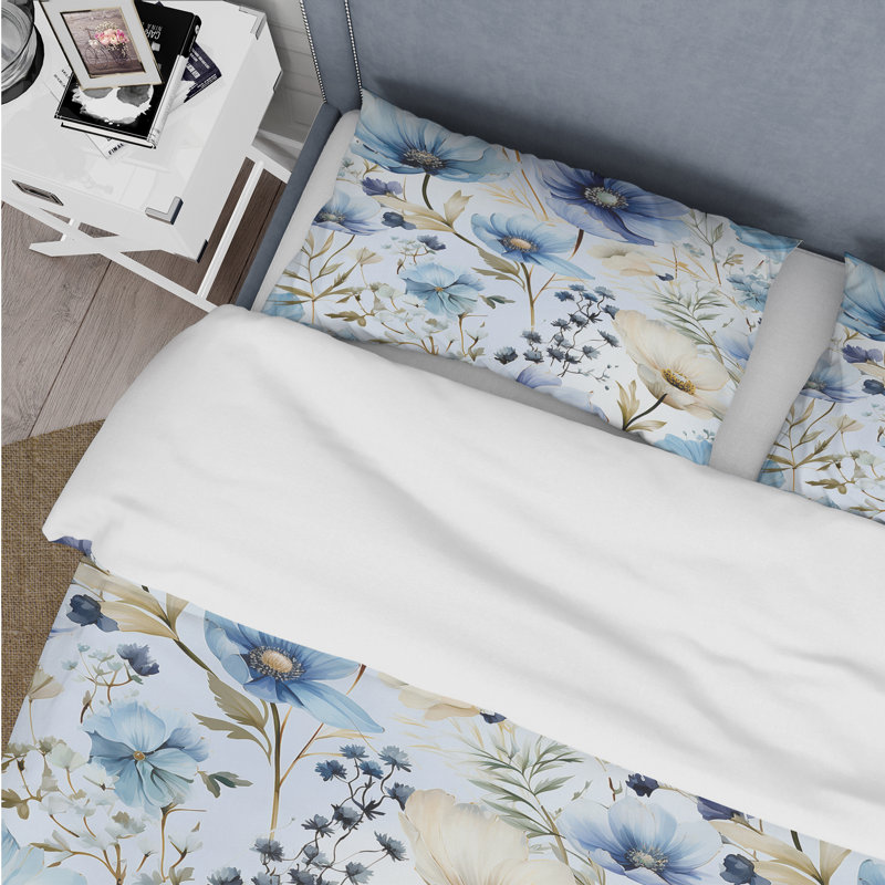 Blue Serene Watercolor Floral Canvas - Ensemble de housse de couette floral