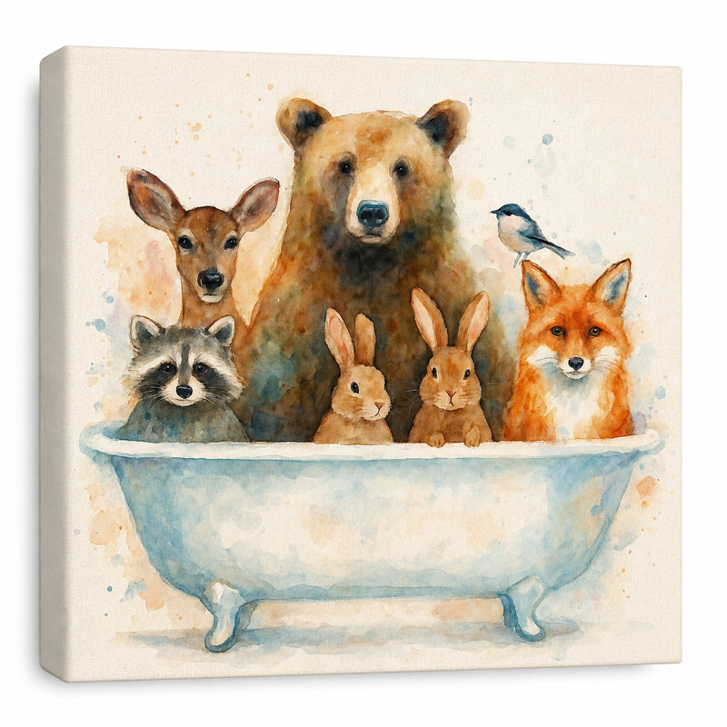«Tub Party», art mural sur toile animaux de la forêt, H 20 po x l 20 po
