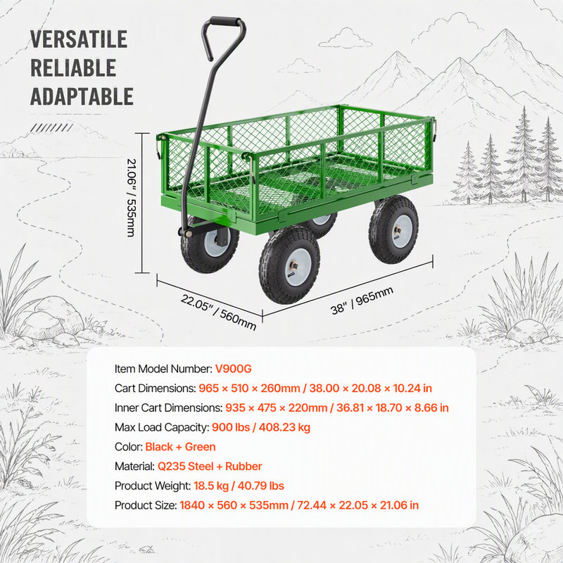 Chariot de jardin robuste en acier 900 lb avec poignée rotative et plateau convertible pour une utilisation extérieure polyvalente