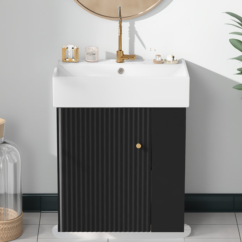 Modern Floating Bathroom Vanity - Wave-patterned Soft-close Door, Handle, Ceramic Sink, Black