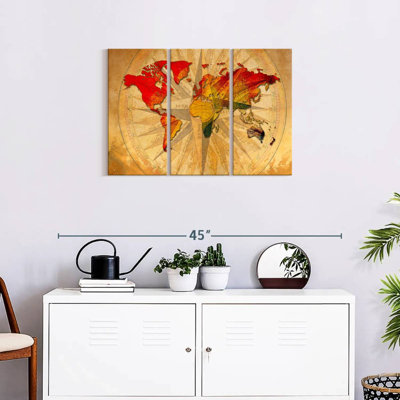 " Old Compass World Map Multi Piece Canvas Print " by Tess P 3 - Pieces