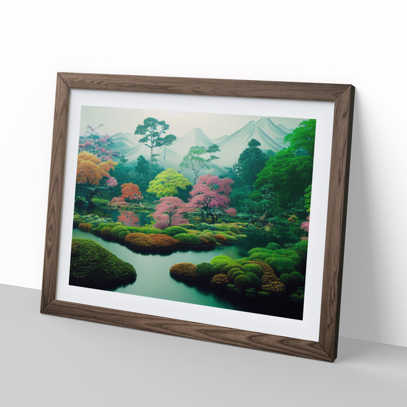 Japanese Garden - Single Picture Frame Print, 46cm H x 64cm W x 2cm D, Walnut