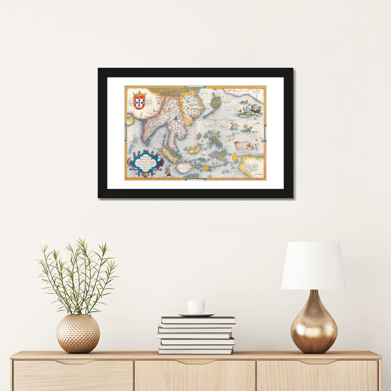 Antique Map East Asia, impression sur toile, H 16 po x l 24 po x P 1 po, Papier beaux-arts encadré noir, Blanc