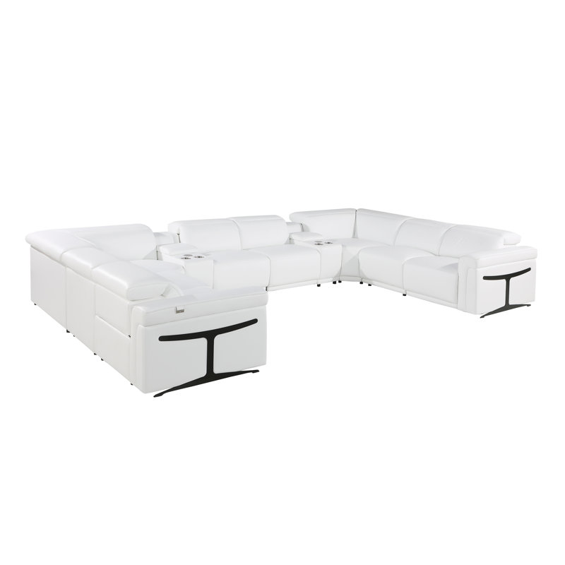Stanwinn 10 – Piece 4 Power Reclining Top Grain Italian Leather Sectional with Power Headrest, White Genuine Leather