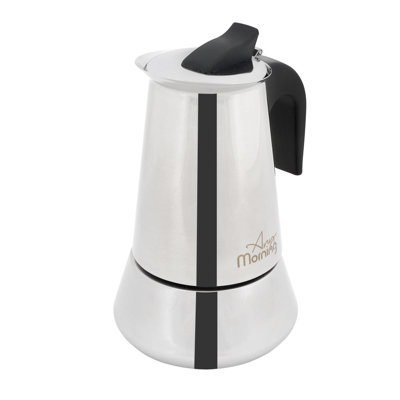 Cafetière italienne Any Morning Jun-6 en acier inoxydable, 300 ml (10,1 oz), compatible induction, 6 tasses, avec soupape de sécurité et poignée sans BPA.