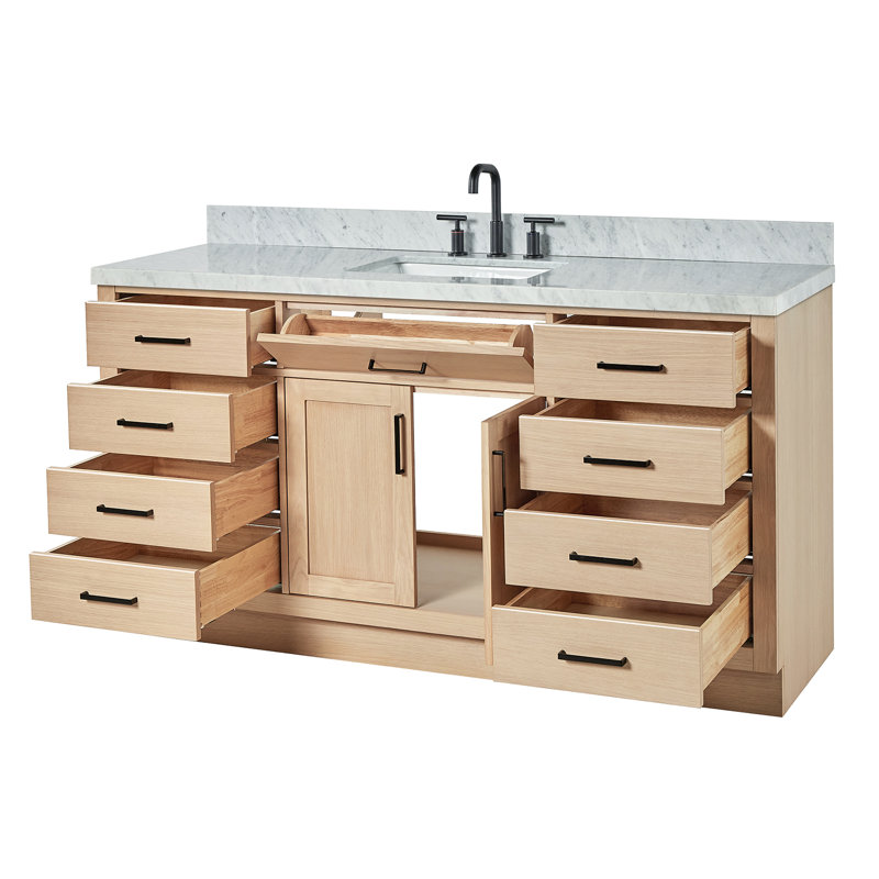 Meuble-lavabo simple en bois massif 66 po avec plateau en marbre de Carrare Tidworth, Chêne naturel, Forme rectangulaire