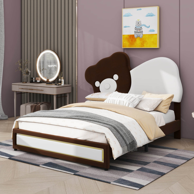 Lit plateforme tapissier avec tête de lit en forme d'ours, bandes lumineuses à DEL, Double