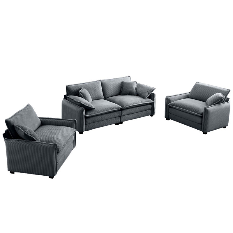 Ensemble de canapé luxueux et sophistiqué avec coussins et coussins moelleux, ensemble de canapé pour les salons et les clubs ainsi que les cinémas maison, composé de deux canapés simples et d'un canapé 2 places Ingrey Corduroy