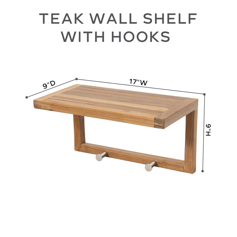Teak Wall Shelf with Hooks, 9" H x 17" W x 9" D