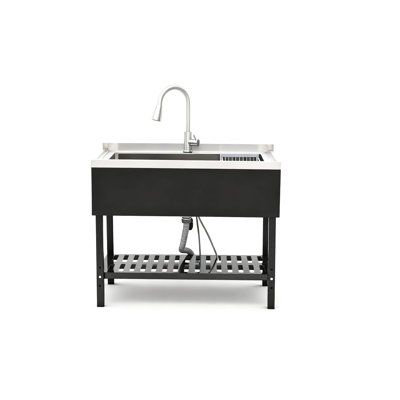 Stainless Steel Utility Sink, Freestanding, Black And Silver Design, 40 Inches Deep, 24 Wide, 34 Tall, 42 Pounds, Big Compartment Pull - Out Faucet For Cleaning, Bottom Grille Freestanding Sink With