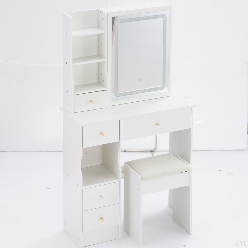 29.2" Small Size Left Vanity Table + Cushioned Stool, 2 AC+2 USB Power Station, Hair Dryer Bracket, Extra Large Touch Control Sliding LED Mirror, Tri-Color Switching, Brightness Adjust