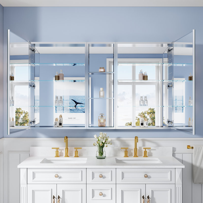 Armoire à pharmacie encastrée ou murale en aluminium avec miroir et étagère ouverte, dimensions : 60 po L x 36 po H, Gauche
