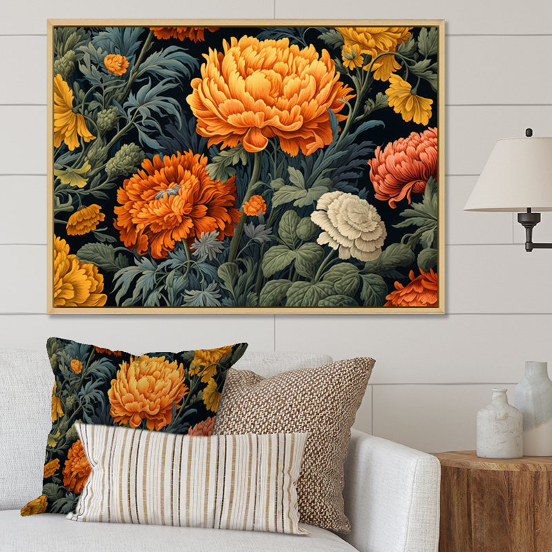 «Orange Green Marigold Brilliance I», reproduction sur toile, H 12 po x l 20 po x P 1 po, Cadre naturel flottant