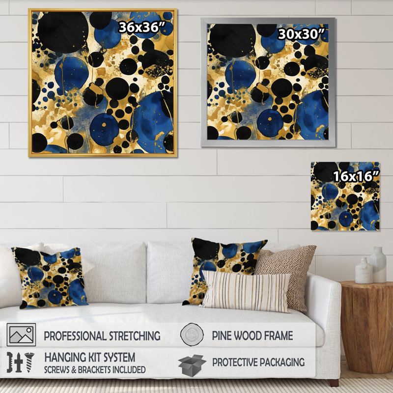 Motif abstrait avec des textures bleues et dorées - Minimalisme, H 16 po x l 16 po x P 1 po, Cadre flottant noir