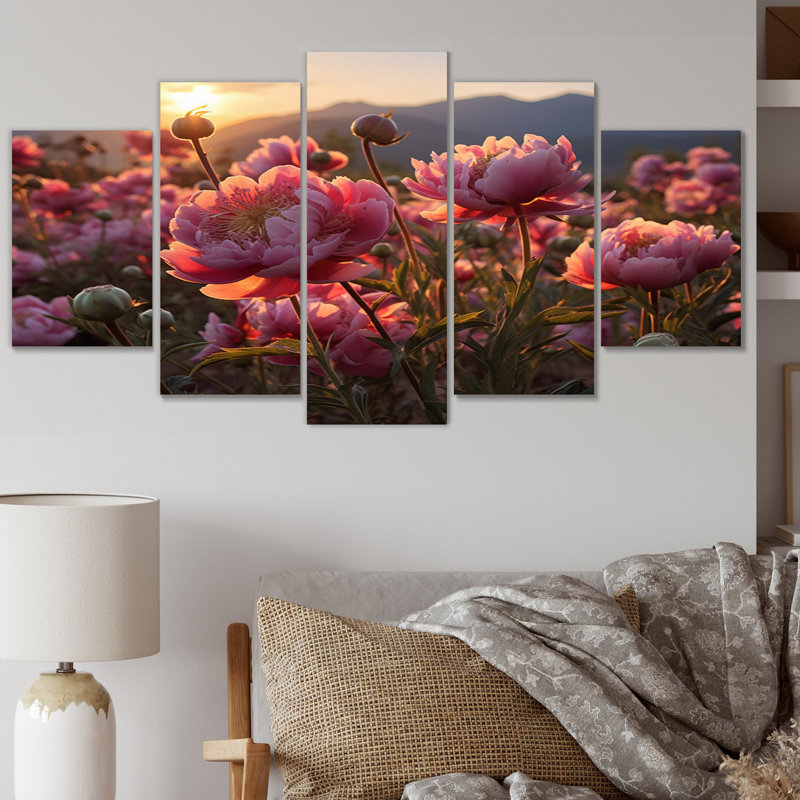 Reproduction d'art sur toile, pivoines roses et coucher de soleil - 5 panneaux