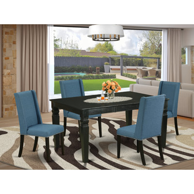 L'ensemble de table de salle à manger 5 pièces pour 4 personnes comprend une table de cuisine rectangulaire avec rallonge papillon et 4 chaises rembourrées en tissu de lin bleu, noir