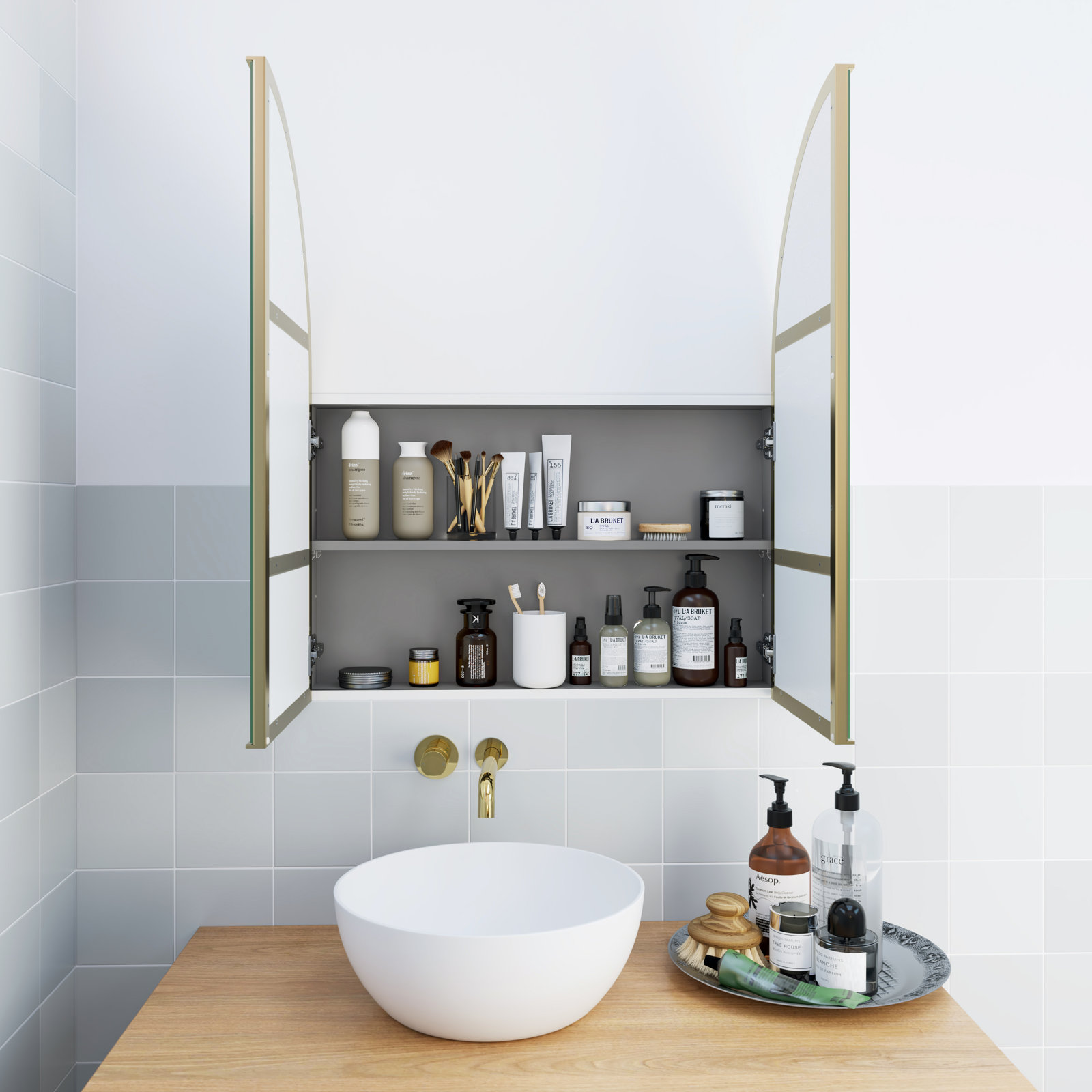 Aria Arch Medicine Cabinet, Satin Brass