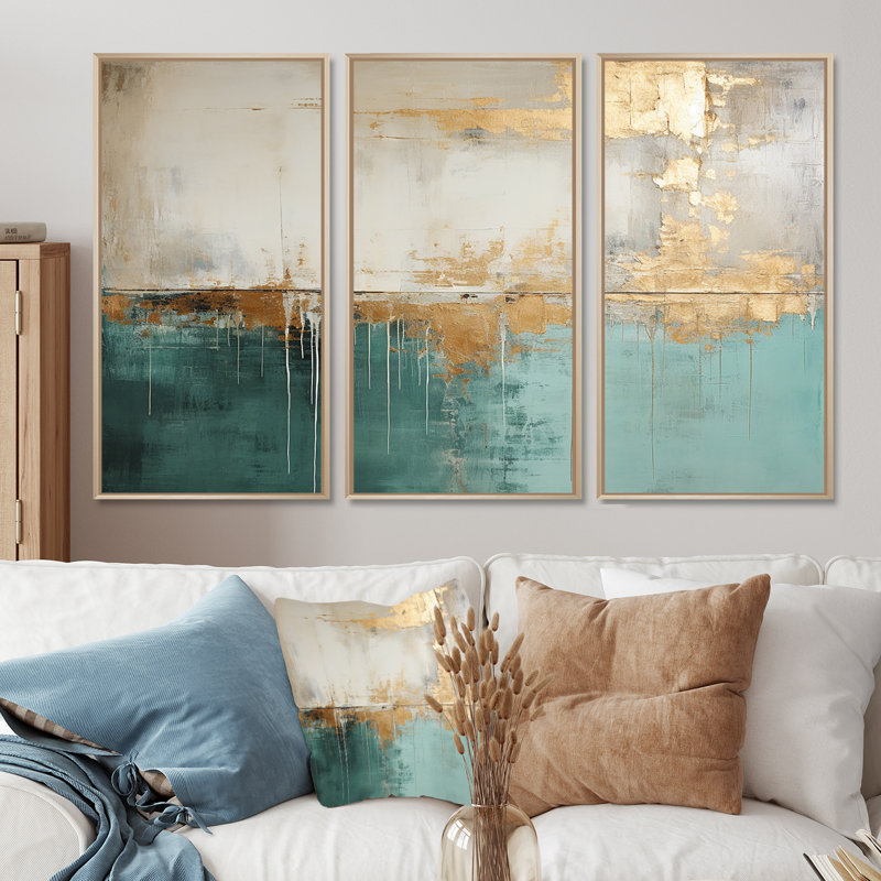 Minimalisme doré et bleu sarcelle horizon - ensemble de décorations murales abstraites, H 32 po x l 48 po x P 1 po