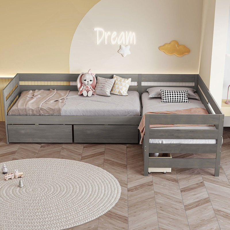 Lit plateforme simple en forme de L avec trois tiroirs de rangement, gris