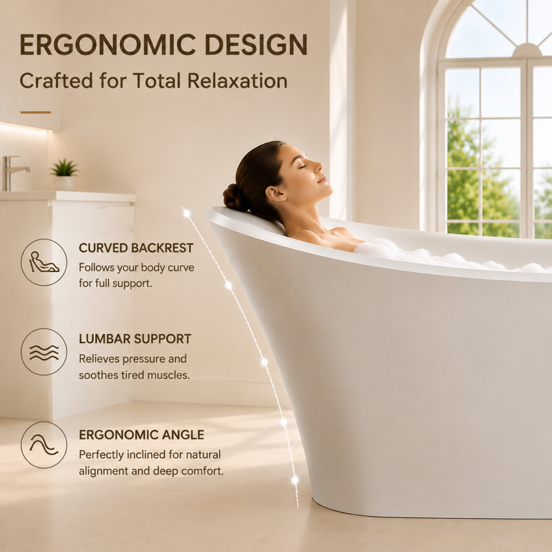 Symmetrical Curved Freestanding Bathtub 69" Matte White Resin Stone Soaking Tub With Backrest And Easy Access Design For Ultimate Comfort