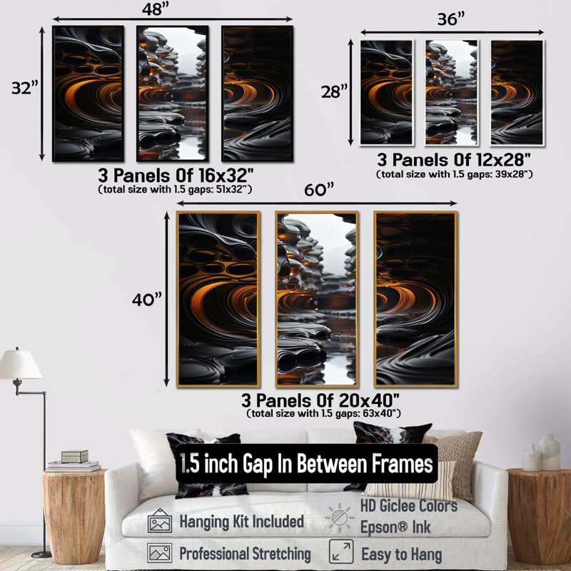 Onyx, sortie industrielle, horizon, ensemble d'art sur toile, Cadre flottant noir, H 32 po x l 48 po x P 1 po