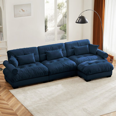Super Comfort Oversized Modular Velvet Sectional Sofa Couch With Movable Ottoman,Corner Sectional With Bolstered Armrests, Deep Seat Cloud Couch, Convertible L Shaped Couch For Living Room Blue