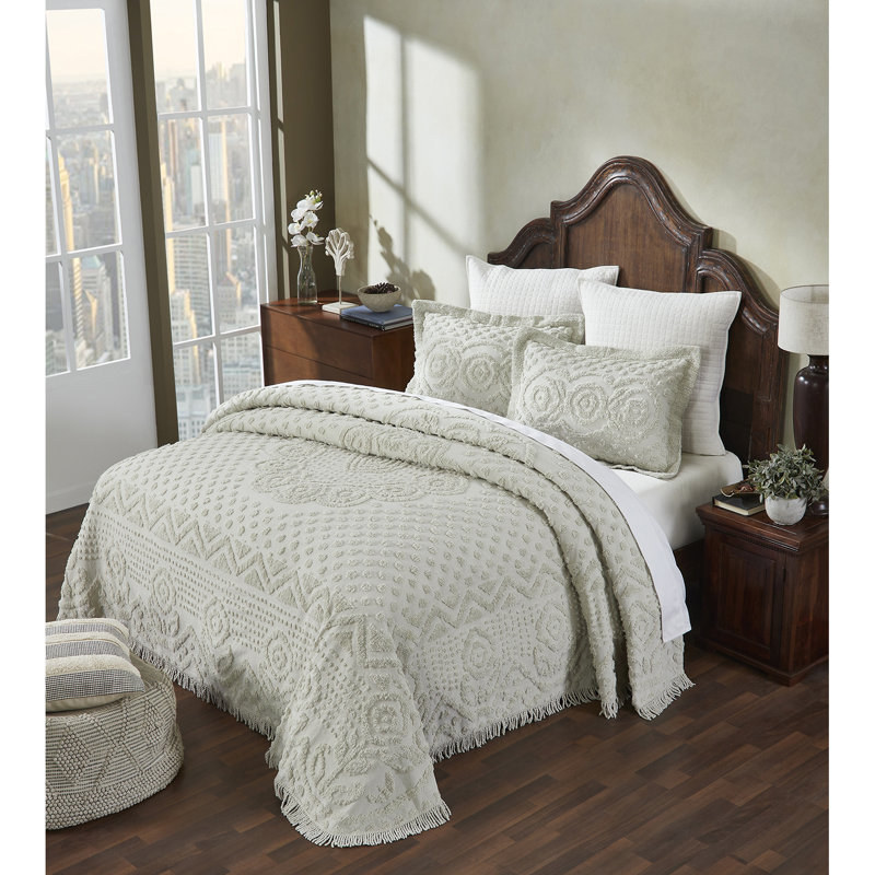 Sage Cotton Twin Bedspread with Tufted Chenille Design