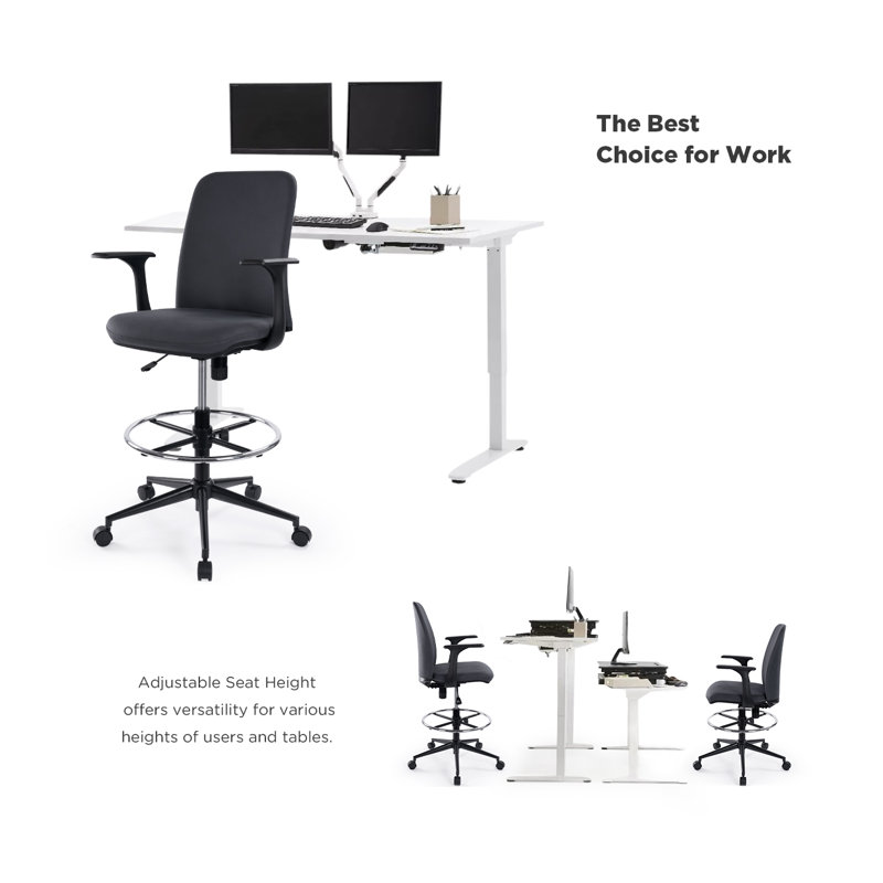 Chaise ergonomique ergonomique à dossier moyen avec anneau de pied, tabouret de bureau pivotant haut assorti, gris foncé