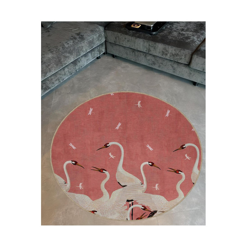 Tapis rond tissé à la machine à motif de cigogne lavable à la machine, Sous-tapis rond 3 pi 11 po inclus