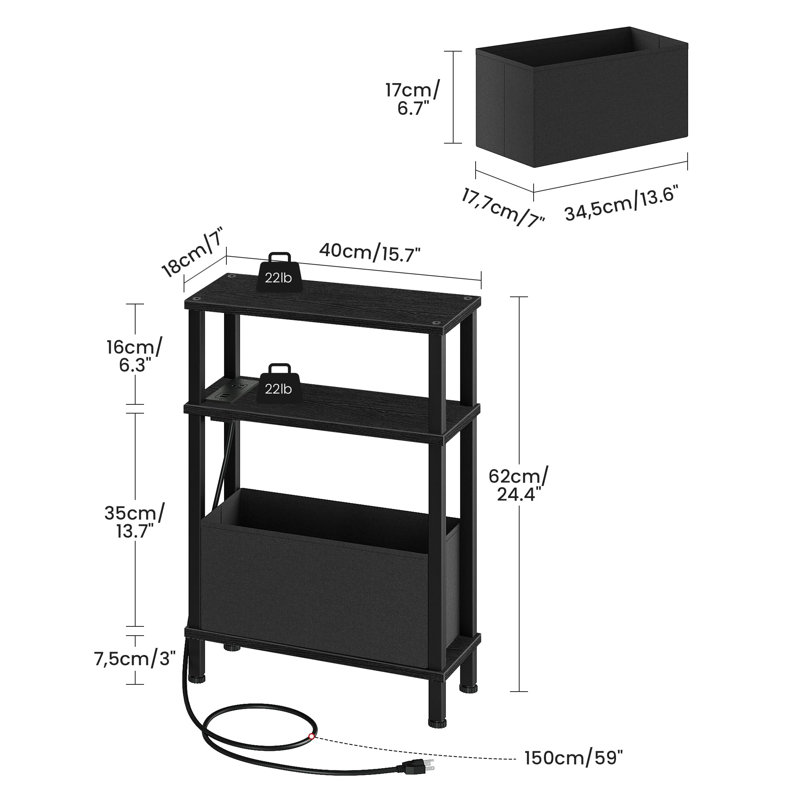 Petite table d'appoint étroite avec station de charge, Noir