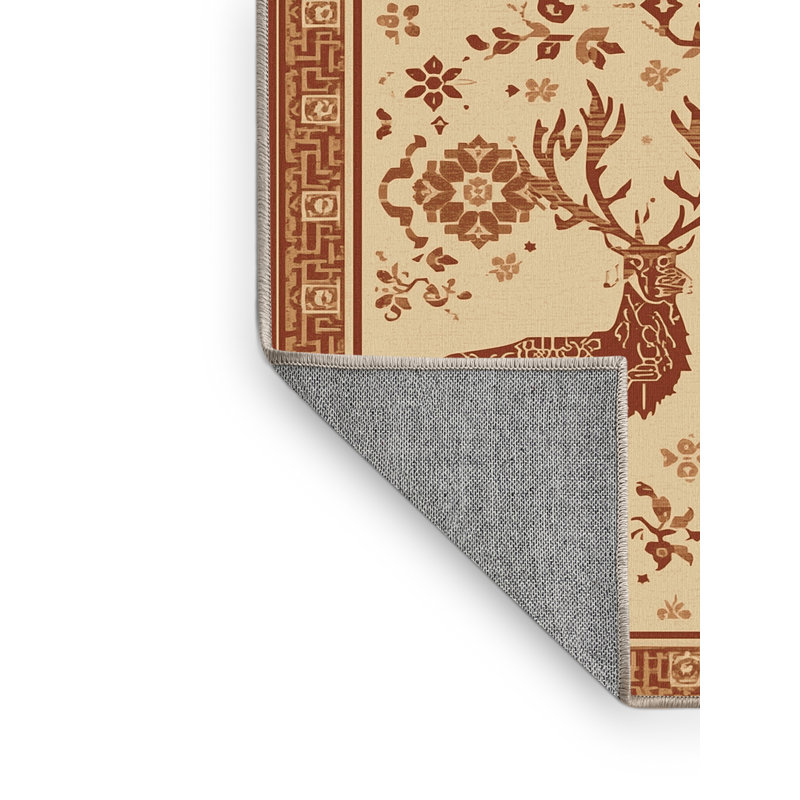 Machine Washable Ozain Reindeer Caribou Classic Oriental Rug in Brown – Beige Binding, 7 x 9