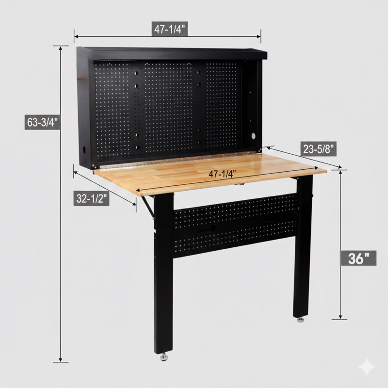Wall-Mounted Workbench, Space-Saving Foldable Design With Rubberwood Work Surface And Pegboard For Tool Storage