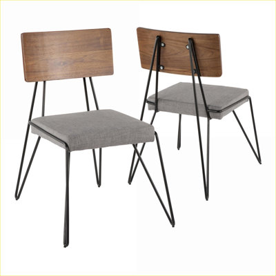 Ensemble de 2 chaises de salle à manger de style moderne Mid-Century pour adultes, tissu gris clair, accents de bois brun noyer, pieds en épingle à cheveux en métal noir