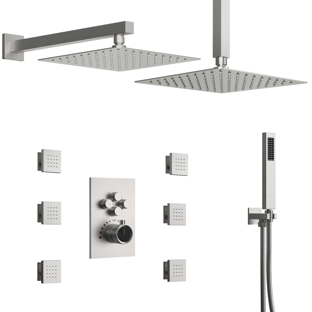 DualJetSpa 12" Dual Shower Head with Body Jets,Thermostatic Shower Faucet System with Rough-In Valve EVERSTEIN 