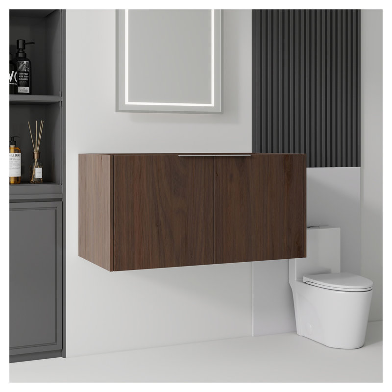 Meuble-lavabo flottant de 36 po de largeur, fabrication en contreplaqué avec portes à fermeture en douceur, unité de rangement murale (lavabo non inclus), brun