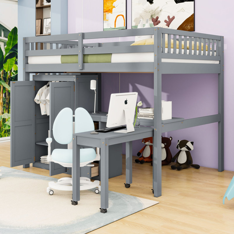 Lit mezzanine en bois avec bureau intégré et escalier, gris, Complète