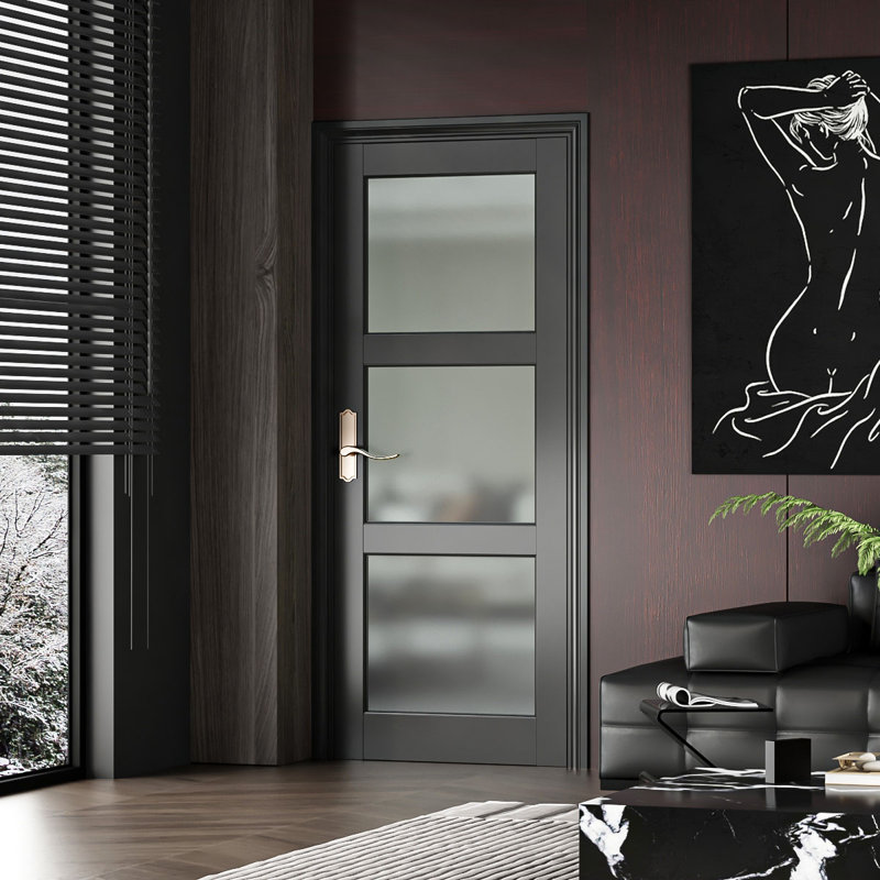Porte de garde-manger noir transparent à 3 portes de 30 po x 80 po avec portes françaises à 3 verres transparents, porte intérieure pour la maison et la lessive, noyau solide et panneau de fibres à densité moyenne sans cadre de porte et ensemble de quincaillerie - Facile à installer