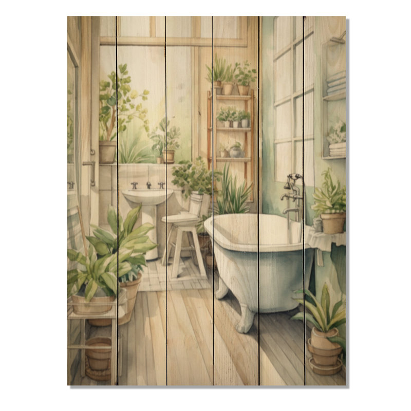 «Bathroom Botanical Dream II» - Impression sur bois de pin naturel pour salle de bain, H 40 po x l 30 po x P 0,78 po