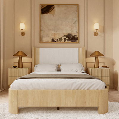Full Size Bed Frame With Smart Led Lights, Upholstered Platform Bed With Tufted Wingback Headboard, No Box Spring Needed, Easy Assembly,pu Leather, Whitewashed Oak