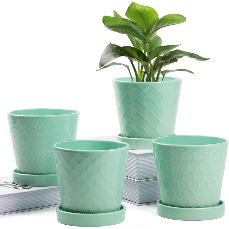 Ensemble de 4 pots de fleurs en céramique avec plateau de 5 pouces, Vert menthe