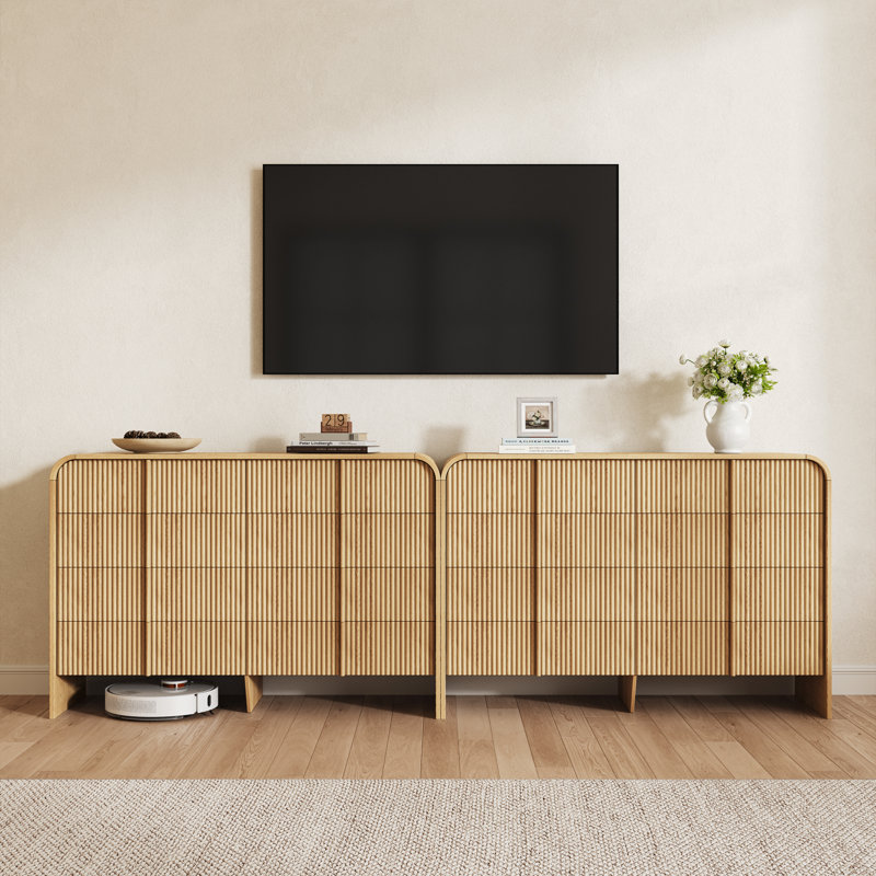 47.2” W Double Dresser with 8 Drawers, Modern Storage Organizer, Curved Profile Design, Brown