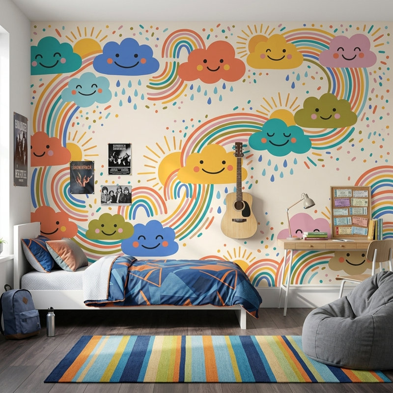 Papier peint mignon avec des nuages souriants et des arcs-en-ciel amovibles, Texturé non collé, 120 po x 96 po