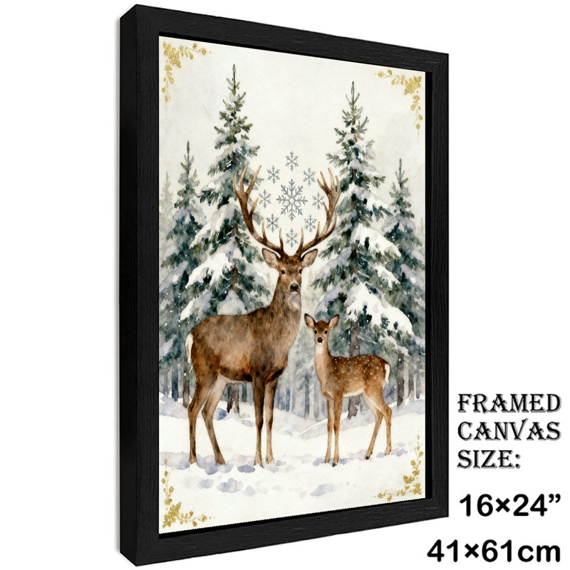 Aquarelle noire encadrée de cerf dans une forêt enneigée, impression sur toile de style rétro, H 25 po x l 17 po