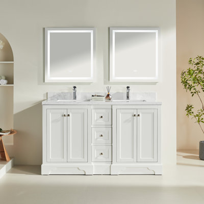Salle de bain autoportante à double cuve autoportante de 60 po avec plateau en quartz entièrement assemblée