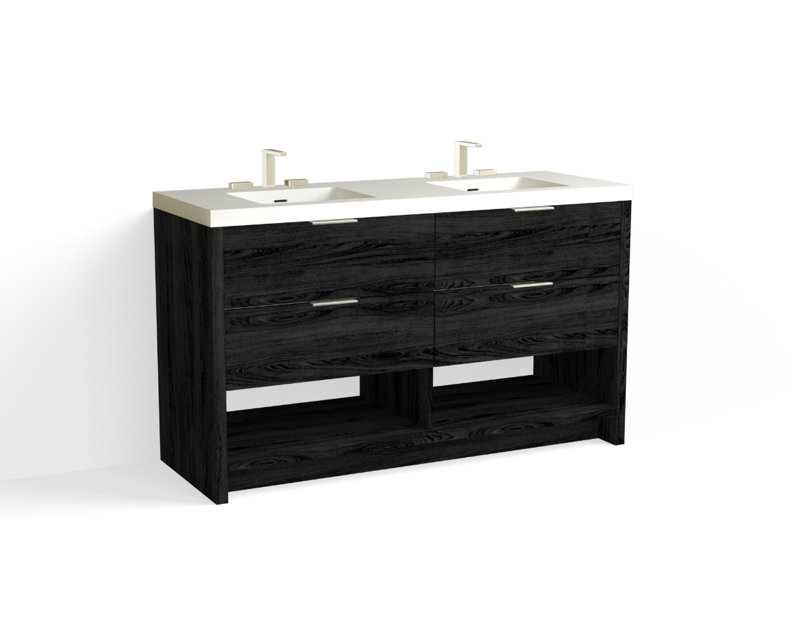 Vue 60" W Freestanding Double Bathroom Vanity, Matte White/8" Widespread, White Nanomatte, Satin Brass