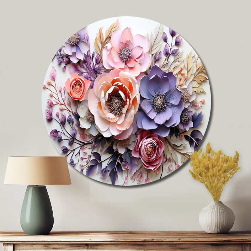 Fleurs délicates, art floral rond en métal, H 29 po x l 29 po x P 1 po