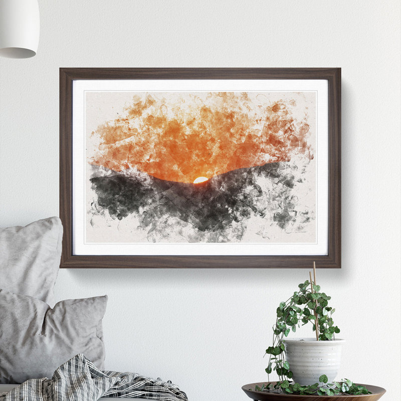 Sun Setting Behind the Mountains Watercolour 1 Piece Single Picture Frame Wall Art on MDF, 36cm H x 48cm W x 2cm D